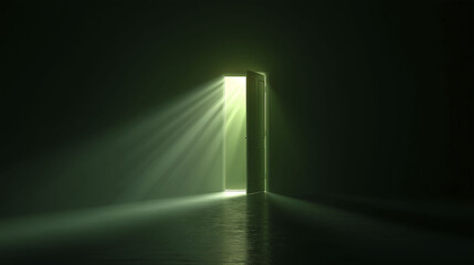 A green door stands slightly open, casting soft light into a dark room. The beams of light break through the shadows, creating a contrast that emphasizes the room's emptiness