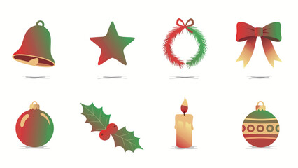 Collection of festive Christmas icons including ornaments, bell, star, wreath, bow, holly, and candle