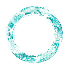 Round vector frame on a marine theme. Luxury design with shells, starfish and place for text on white. Template design for text, packaging and prints. 