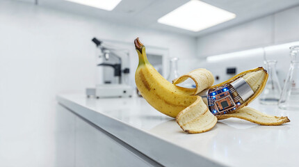 Peeled banana with microchip embedded in a laboratory setting.