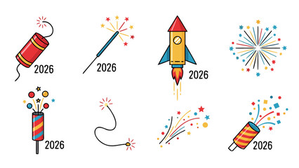 Collection of festive fireworks and pyrotechnics for New Year's Eve celebrations in 2026