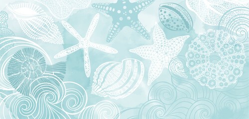 Luxury vector design with underwater plants, shells, starfish, corals, sea creatures, decorative waves and  watercolor splash. Template design for text, packaging and prints. Art sea background. 