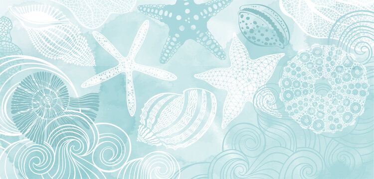Luxury vector design with underwater plants, shells, starfish, corals, sea creatures, decorative waves and  watercolor splash. Template design for text, packaging and prints. Art sea background. 