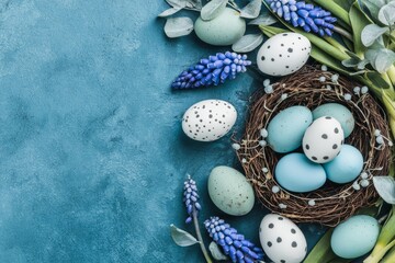 Obraz premium Basket of easter eggs with daisies on pastel background with lights