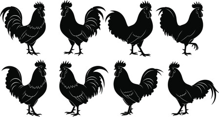 Black rooster silhouette collection with poultry chicken cock bird farm animal vector set for rustic rural country kitchen logo design, © Creative Mind