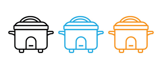 Set of three stylized outline icons of a rice cooker in black blue and orange colors vector set
