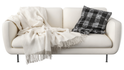 Modern sofa with two blankets inviting to relax cozy living room furniture soft textiles studio interior on white background