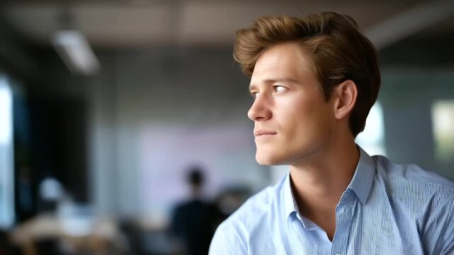Side portrait of attractive young individual observing away faceless handsome man defocused background prof