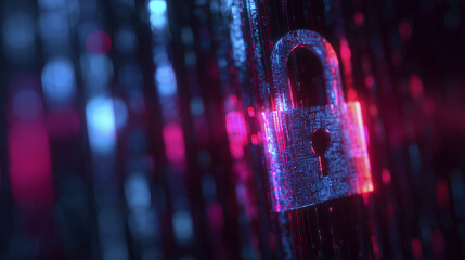 A digital representation of a padlock is displayed against a vibrant background composed of blurred lights and binary patterns. This image emphasizes themes of security and data protection in a modern