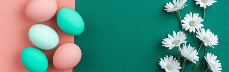 Obraz premium Easter eggs, eggs and flowers arranged on a pastel background