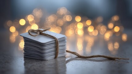 Stack of blank rectangular cards tied with natural twine sits against a background of warm, glowing lights.