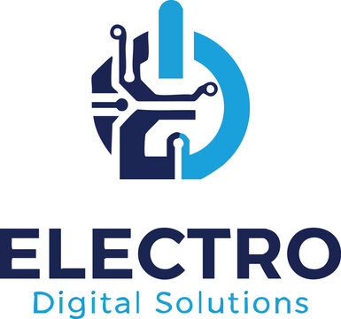 PrintElectro digital solutions logo with circuit board power symbol in blue tones