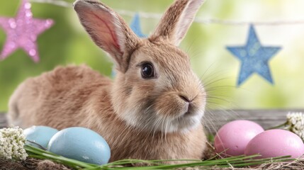 Cute bunny rabbit with pastel easter eggs and wildflowers, warm golden hour lighting, background fantasy, peaceful easter scene