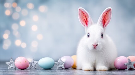Cute bunny rabbit with pastel easter eggs and wildflowers, warm golden hour lighting, background fantasy, peaceful easter scene