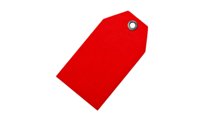 Bright red rectangular tag, with a hole at the top corner, isolated on a transparent backgro 
