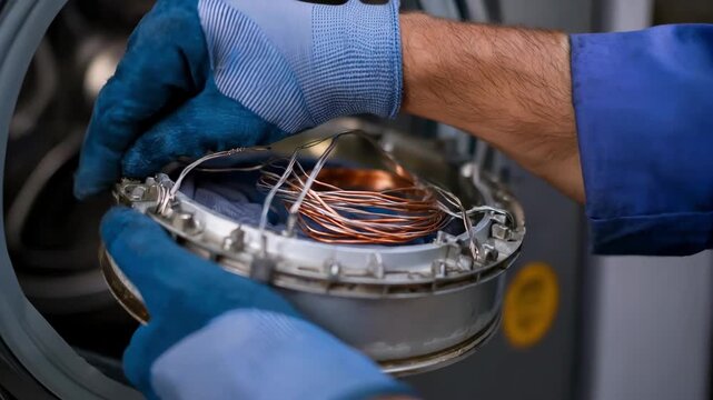 Closeup of hands replacing a coiled electric dryer heating element showcasing detailed repair work on malfunctioning appliance parts