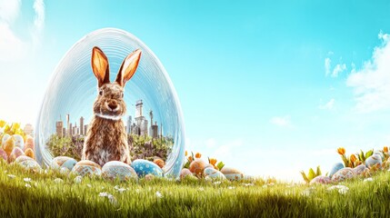 Cute bunny rabbit with pastel easter eggs and wildflowers, warm golden hour lighting, background fantasy, peaceful easter scene
