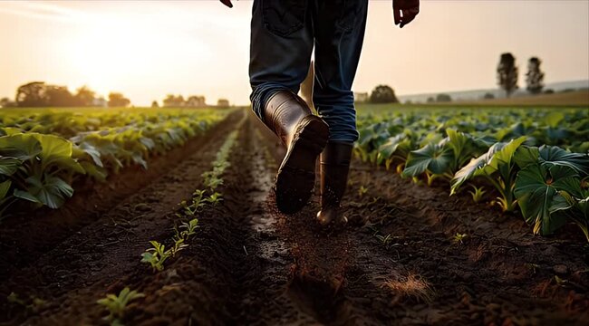 Golden Harvest Dawn: Farmer Walking Through Lush Green Crop Fields