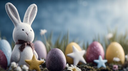 Cute bunny rabbit with pastel easter eggs and wildflowers, warm golden hour lighting, background fantasy, peaceful easter scene