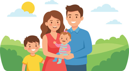 Obraz premium Happy cartoon family outdoors, smiling parents and children in nature, sunny day, bonding, parenting, unity, cheerful lifestyle, illustration