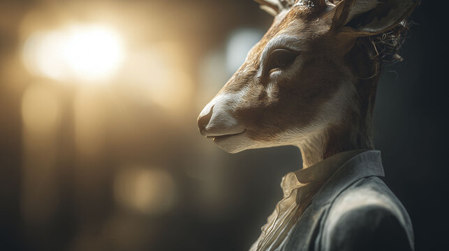 A figure with a deer mask wears a formal shirt and suit, gazing sideways. The background features soft, diffused light, creating an atmosphere that highlights the mask's textures and details