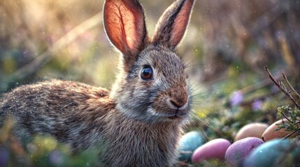 Fototapeta premium Cute bunny rabbit with pastel easter eggs and wildflowers, warm golden hour lighting, background fantasy, peaceful easter scene