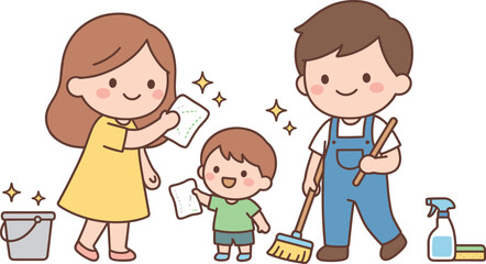 Cartoon family cleaning together, cheerful teamwork, household chores, happy parents and child, cleaning tools, sparkles, hygiene concept