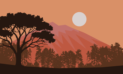 A landscape with trees silhouette on an orange background with a sun and mountain. The image creates a peaceful and serene scene.