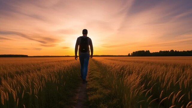 Path to the Horizon: A solitary figure embarks on a journey, walking into the vibrant embrace of a sunset. The scene evokes feelings of hope and exploration.