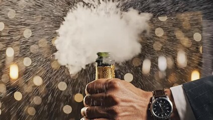 Man's Hands Opening Champagne Bottle with Watch and Bokeh Lights cork popping