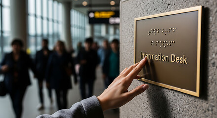 Person touching braille sign at information desk in modern building