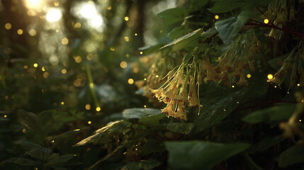 Fading sunlight filters through a dense green background, highlighting clusters of yellow flowers. Soft, golden lights create a gentle ambiance, suggesting a peaceful moment in a natural setting