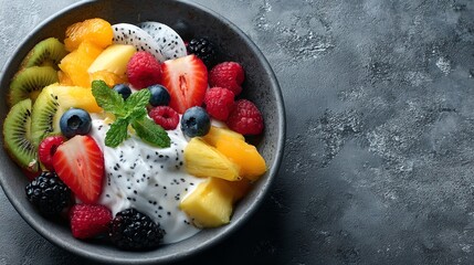 Vibrant and colorful fruit bowl featuring fresh berries, tropical mango, kiwi, and creamy yogurt, perfect for healthy snacks, desserts, and summer refreshment