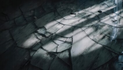 Cracked Glass Surface with Light and Shadow Patterns.
