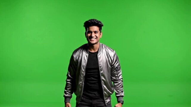 Young man in metallic jacket standing confidently on green screen background in studio lighting for fashion editorial HD & 4K stock video Royalty-free footage Best trending
