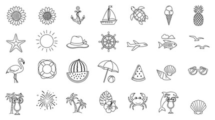 Black and white line art collection of summer holiday icons including beach travel vacation and tropical leisure elements for design.