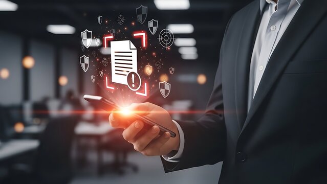 businessman interacting with digital security icons on smartphone in office - Powered by Adobe