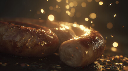 Grilled sausages lie on a dark surface, glistening with oil. Warm light creates bokeh effect in background, highlighting texture and slight charring on meat surface.