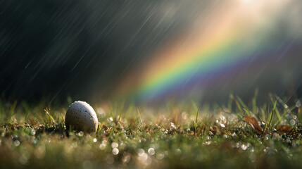 An egg lies on grass under raindrops, with sunlight creating a rainbow in the background. Dewdrops glisten on the grass blades, enhancing the texture of the scene