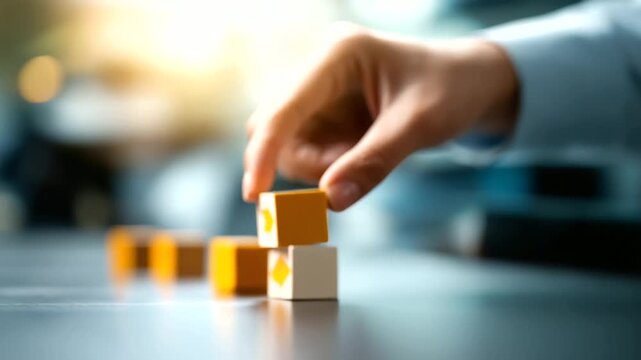 Hand selecting block with directional arrow defocused decision background path leads to successful choice