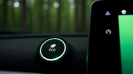 Eco mode button on car dashboard with green light and screen