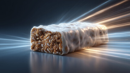 A cereal bar with a white glaze coating is placed on a reflective surface. Light rays emanate from behind, creating a dynamic background effect. The bar&rsquo;s interior reveals nuts and grains.