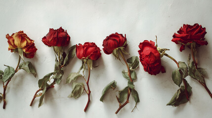 Six dried red roses with wilted petals and faded green leaves are laid out in a row on a light-colored background. The flowers display varying degrees of withering