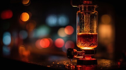 Illuminated siphon coffee chamber with bubbling amber liquid and bokeh background.