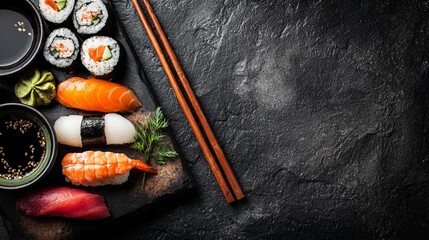 Artfully arranged sushi and sashimi on dark stone background, showcasing vibrant colors and textures of fresh Japanese cuisine with elegant chopsticks