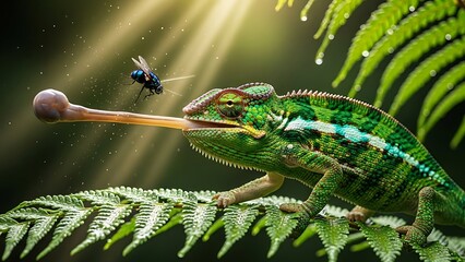 green chameleon catching a fly with its long tongue in a natural forest setting with ferns