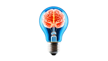 Glowing light bulb with luminous brain inside, isolated on a transparent background, cutout,.png
