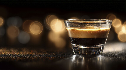 A shot of espresso in a clear glass features a layered appearance with dark coffee and a lighter crema layer on top. It sits on a reflective surface against a softly lit, bokeh-blurred background.
