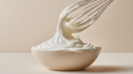Whipped cream in a speckled ceramic bowl, lifted by a metal whisk, creating a smooth, flowing stream. The creamy texture contrasts with the neutral background.
