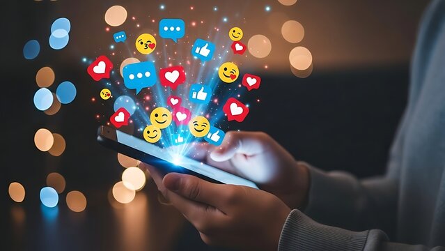 person holding smartphone with social media icons and emojis emerging from screen - Powered by Adobe